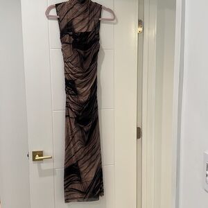 Zara Print dress with Tulle brown and cream size US XS